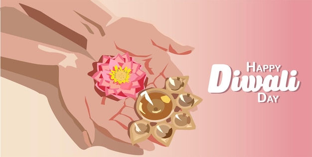 Les Mains Du Vecteur Tenant La Belle Fleur De Lotus Fleurissent Métal Or Lampe à Huile Diya Célébrer Un Joyeux Diwali
