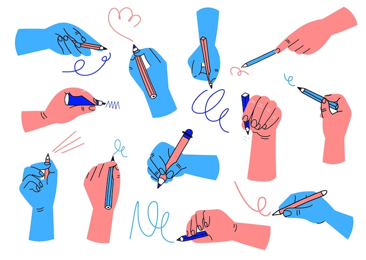Vecteur mains d'écriture main humaine colorée tenir crayon stylo et pinceau doodle processus de dessin ou de dessin bras de dessin animé couleurs à la mode différentes positions des doigts vecteur isolé sur fond blanc ensemble