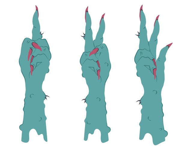 Vecteur mains effrayantes de monstre, sorcière. les mains de zombie comptent en montrant les doigts. ensemble de doigts de dessin animé effrayants isolés. compter sur les doigts. illustration vectorielle pour la décoration fête d'halloween, vacances