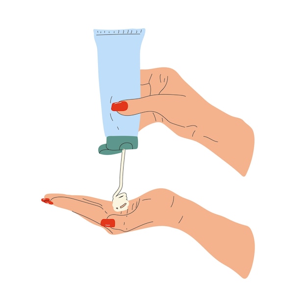 Mains Féminines Avec Pot De Crème. Femme Appliquant Une Lotion De Traitement. Illustration Vectorielle Dessinés à La Main