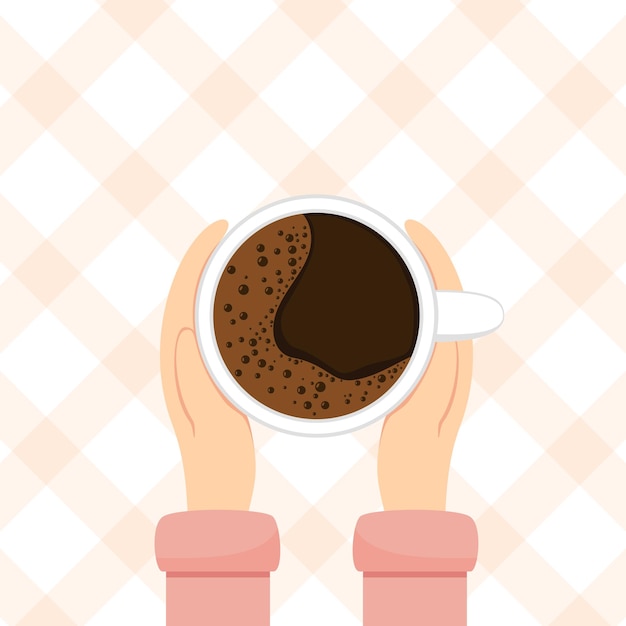 Les mains des femmes tiennent une tasse de café sur fond beige, illustration.