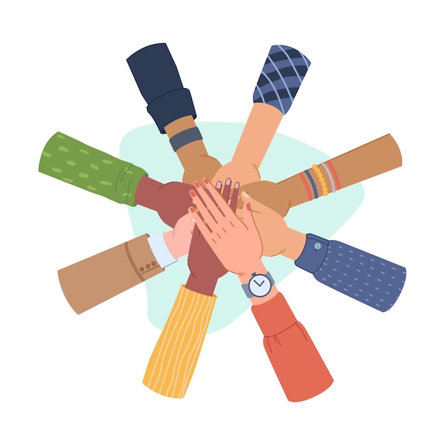 Les mains font des gestes l'unité et la diversité ethnique vecteur divers groupe de personnes mettant