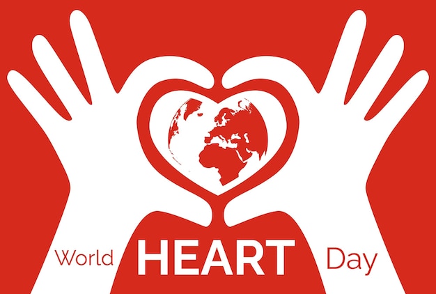 Les mains forment un coeur rouge sur la carte du monde pour la journée mondiale du coeur sur fond rouge