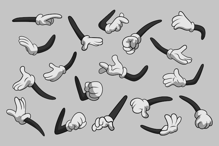 Vecteur mains gantées de dessin animé rétro gestes mains de dessin animé avec jeu d'icônes de gants clipart vectoriel isolé parties des bras du corps dans des gants blancs collection de gestes de la main modèles de conception pour les graphiques