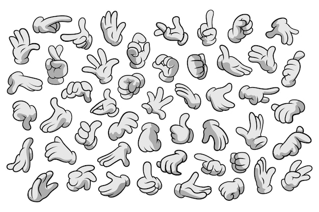 Mains gantées de dessin animé rétro Gestes Mains de dessin animé avec jeu d'icônes de gants Clipart vectoriel isolé Parties des bras du corps dans des gants blancs Collection de gestes de la main Modèles de conception pour les graphiques