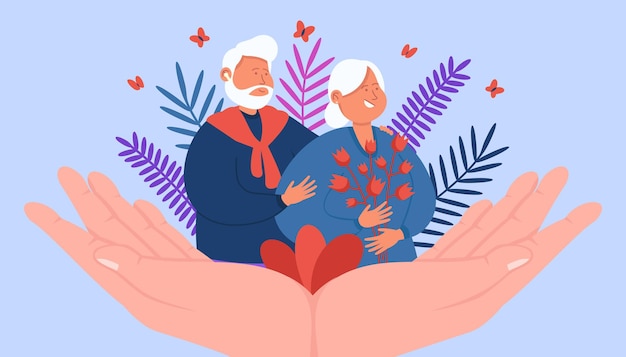 Mains géantes soutenant un couple adulte heureux
