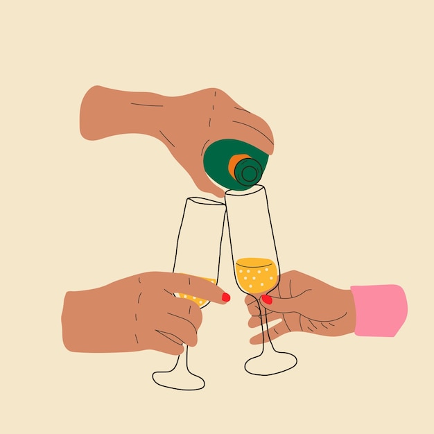 Vecteur les mains des gens craquent devant des verres à vin avec un champagne. réunion d'amis, concept de rendez-vous romantique.