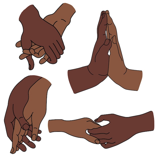 Mains et gestes Ensemble de gestes 2 mains peau foncée ethnie paume femelle est attachée à la paume mâle