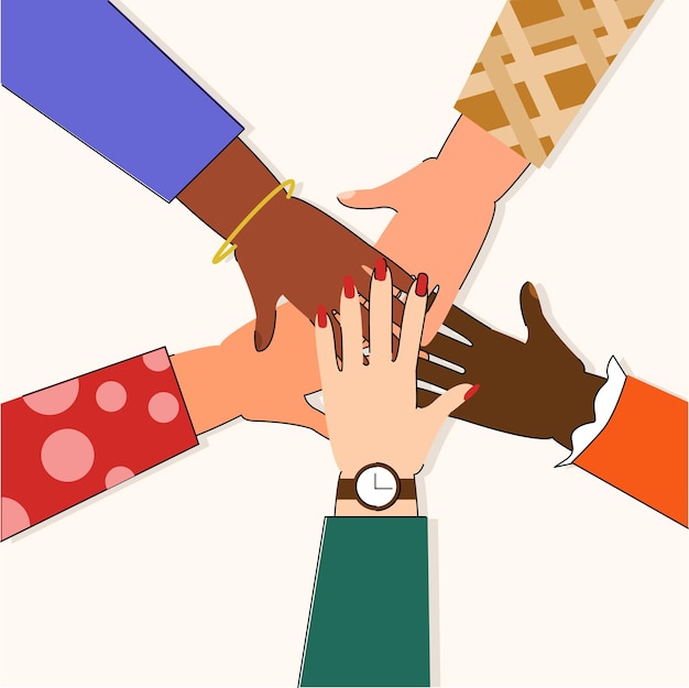 Des mains d'un groupe diversifié de personnes mettant ensemble sur un fond blanc le concept de soutien communautaire