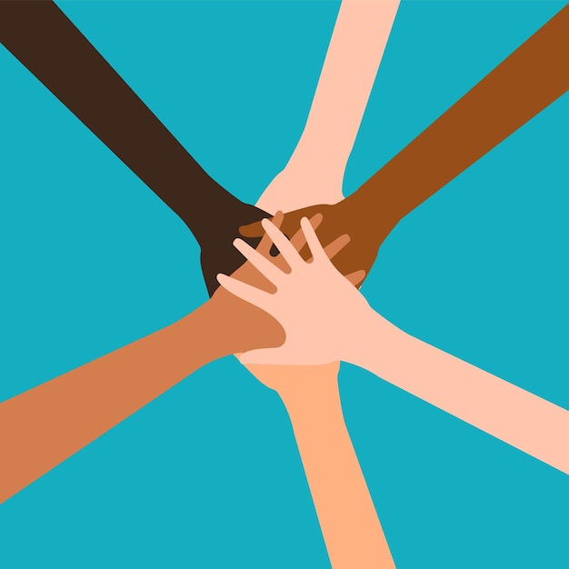 Mains d'un groupe diversifié de personnes rassemblant isolé sur fond blanc Illustration vectorielle