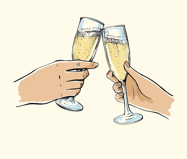 Mains d'homme et de femme avec des verres de champagne