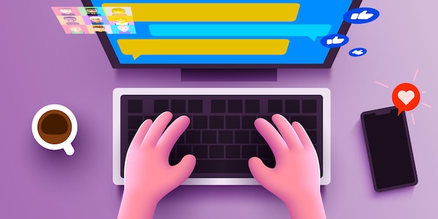 Vecteur mains humaines 3d mignonnes discutant sur un clavier d'ordinateur réseau social et concept marketing vue d'en haut