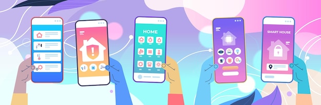 Mains Humaines à L'aide D'applications Mobiles Pour Le Contrôle Du Système De Maison Intelligente Sur La Technologie Des écrans De Smartphone Et L'illustration Vectorielle Horizontale