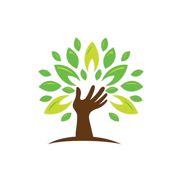 Mains Humaines Et Arbre Aux Feuilles Vertes Et Jaunes. Logo, Symbole, Icône, Illustration, Vecteur,