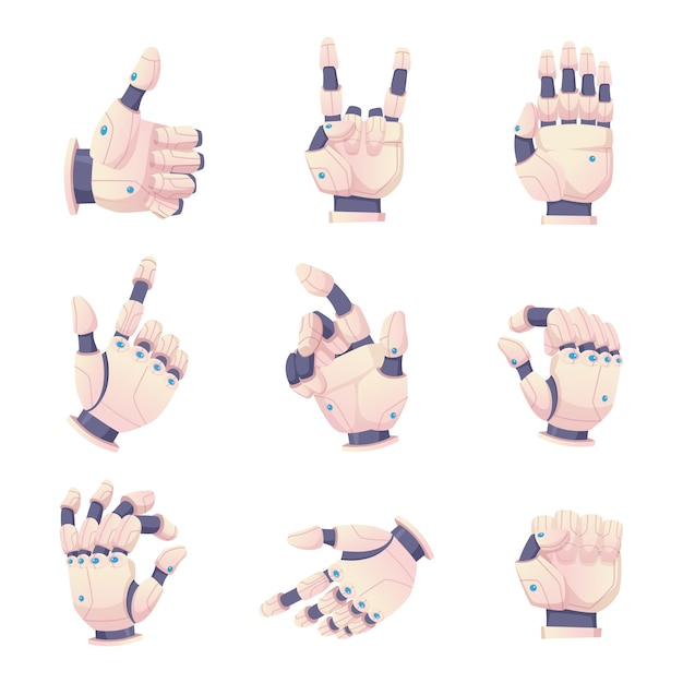 Mains humaines bioniques. Gestes de robots aidant l'ensemble de vecteurs de prothèse. Bras de geste de cyborg bionique d'illustration, prothèse de technologie de main humaine