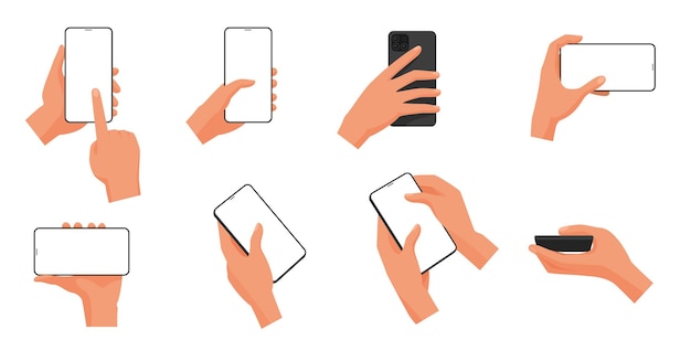 Les mains humaines tiennent le téléphone portable avec un écran vide, les bras touchent, tapent et balayent le dispositif.