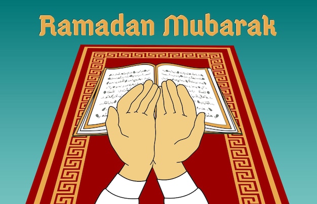 Les mains jointes dans la prière posent le Coran ouvert et le tapis de prière Illustration vectorielle pour le Ramadan Moubarak