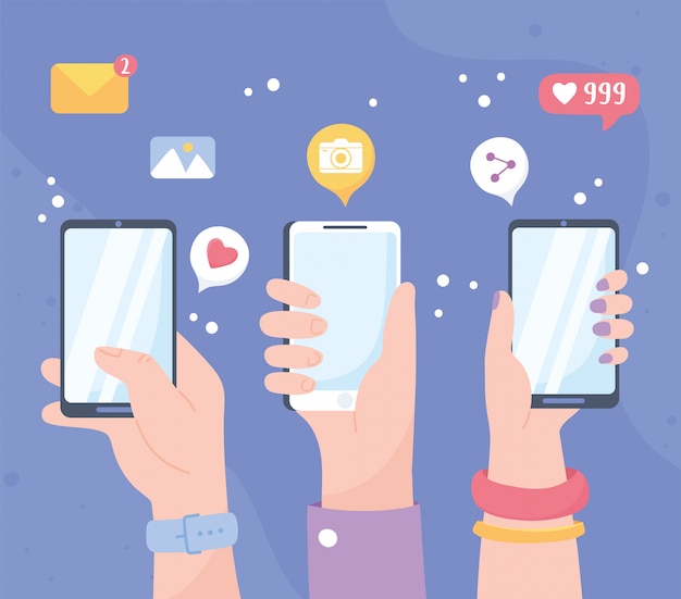 Mains levées avec partage mobile comme le chat de suivi, le système de communication de réseau social et les technologies