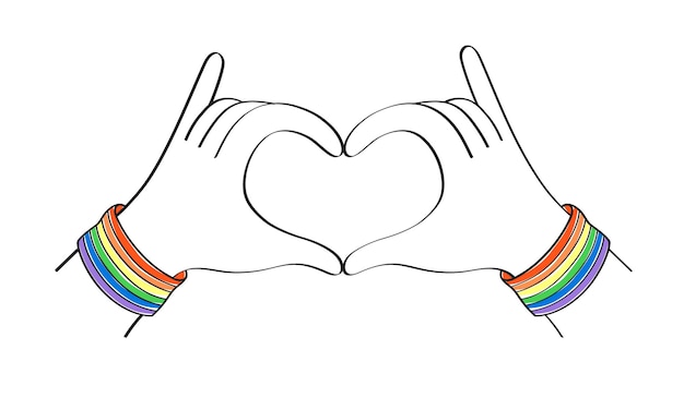 Vecteur mains lgbtq du mois de la fierté portant un bracelet montrant le symbole du cœur dans un symbole mignon de style doodle