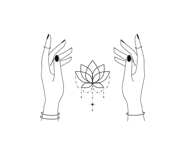 Mains Magiques Avec Fleur De Lotus Dessin Au Trait Alchimie Symbole Tribal Spirituel Pour Emblème Yoga Bien-être Et Méditation école élément De Conception ésotérique Et Mystique Contour Illustration Vectorielle