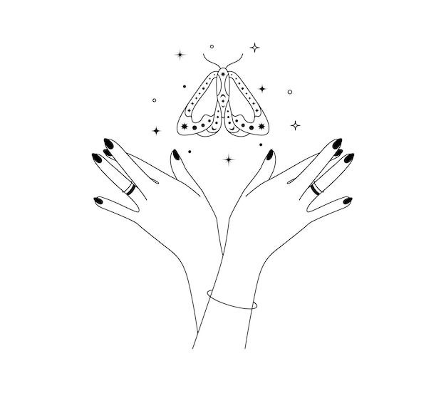 Mains magiques avec papillon volant de nuit dans le style d'art en ligne Ailes de papillon ésotériques et mystiques pour la marque ou le logo cosmétiques et produits de beauté contours simples Doodle Elegance Vector illustration