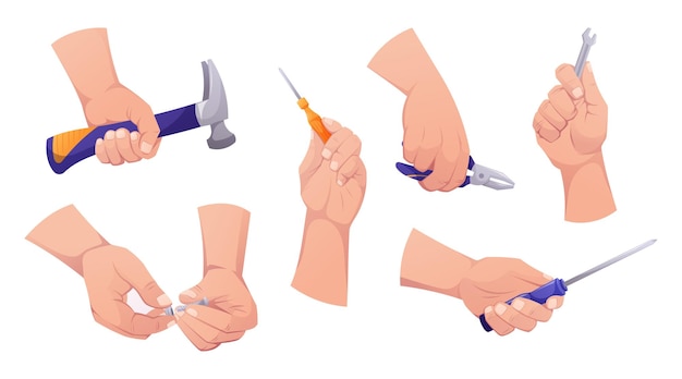 Mains masculines de réparateur ou de mécanicien avec des outils de travail marteau tournevis et pinces Set d'éléments de conception de dessins animés isolés vectoriels