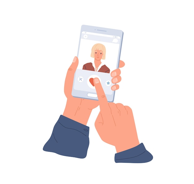 Mains masculines tenant un téléphone portable et aimant le profil de la femme dans l'application de rencontres. Écran de smartphone avec application pour les dates d'amour en ligne. Illustration vectorielle plane colorée isolée sur fond blanc.