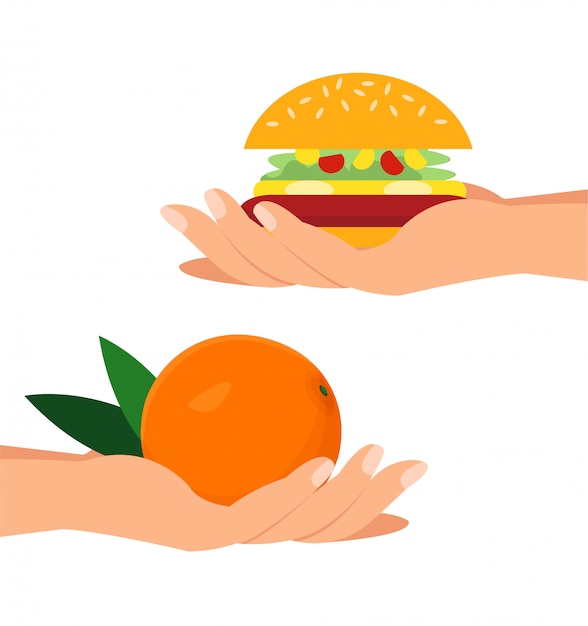 Vecteur mains, orange, plat, hamburger, illustration