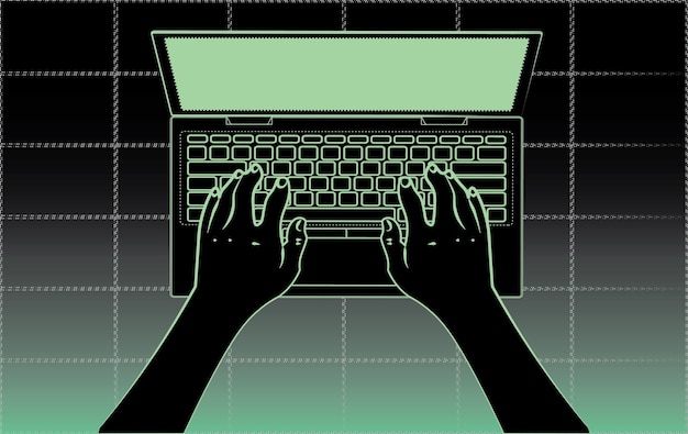 Les mains sur l'ordinateur portable illustration de style cyberpunk rétro