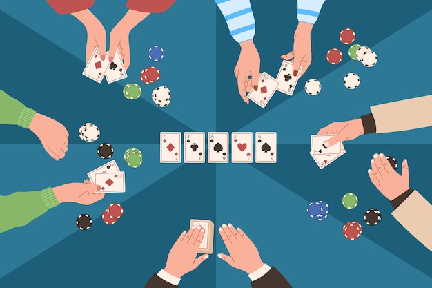 Mains De Personnes Jouant Au Poker De Jeu De Société Vue De Dessus Table Dans Un Casino Avec Des Jetons Et Des Cartes à Jouer Vec