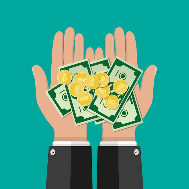 Mains avec pièces d'or et billets de banque