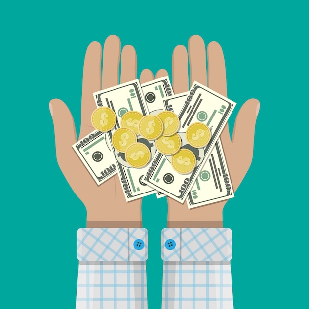 Mains avec pièces d'or et billets de banque