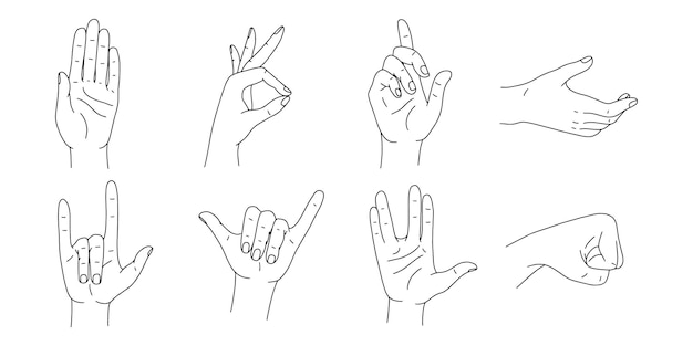 Mains pose ensemble de vecteurs Divers gestes de la main dessin au trait Illustration vectorielle isolée sur blanc