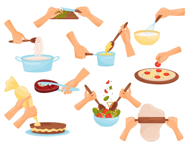 Vecteur mains, préparation des aliments, processus de cuisson des pâtes, de la viande, de la pizza, de la confiserie illustration sur fond blanc