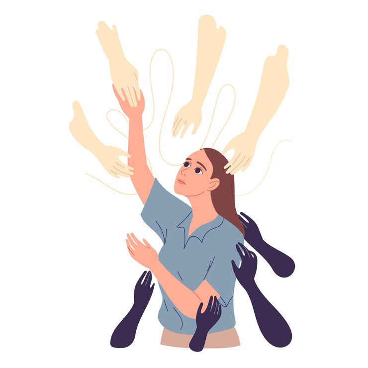 Des mains secourables sont tendues à la fille pour le soutenir, elle espère sortir de ses difficultés.