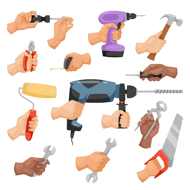 Vecteur mains avec style cartoon outils de construction