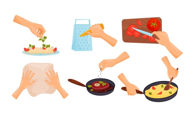 Vecteur des mains tenant des articles de cuisine et des illustrations vectorielles de repas de cuisine