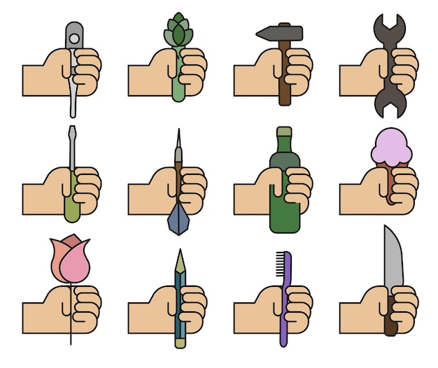 Mains tenant des choses Divers objets dans les mains humaines Mains avec des objets ensemble vectoriel