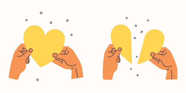Vecteur mains tenant un cœur et deux moitiés d'un cœur brisé. illustration vectorielle à la mode.