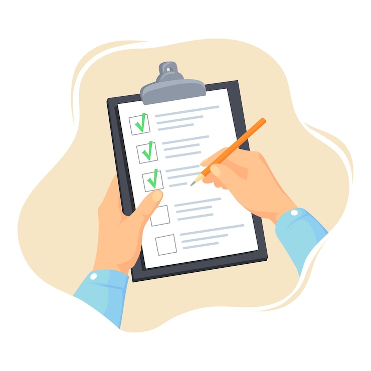 Vecteur mains tenant la liste de contrôle presse-papiers avec liste de papier stylo à main coche cases à cocher notes dans le document de test questionnaire formulaire d'enquête feuille d'évaluation