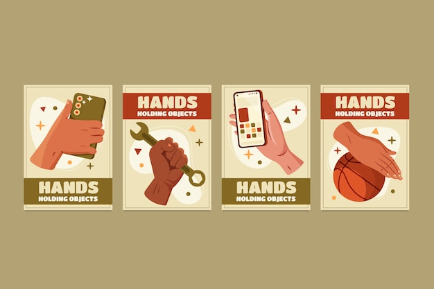 Des mains tenant des objets, des cartes en forme plate