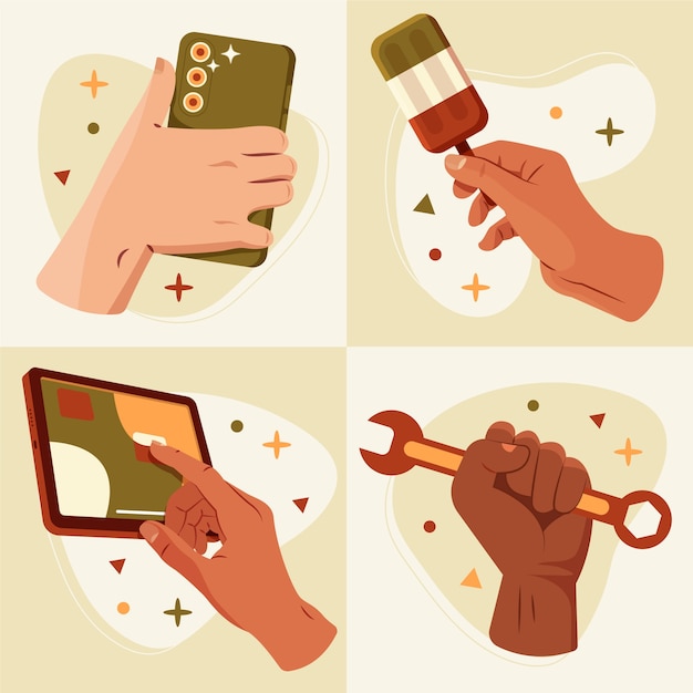 Des mains tenant des objets illustrations en design plat