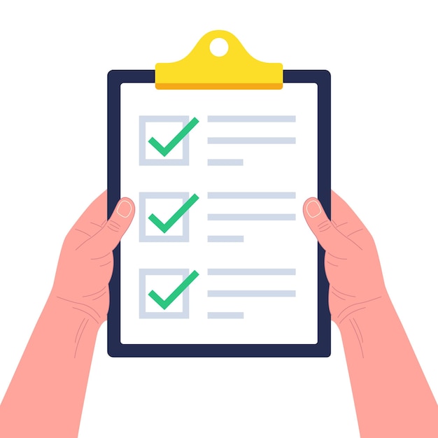 Mains tenant le presse-papiers avec liste de contrôle. Concept d'enquête, de quiz, de liste de tâches ou d'accord. illustration.