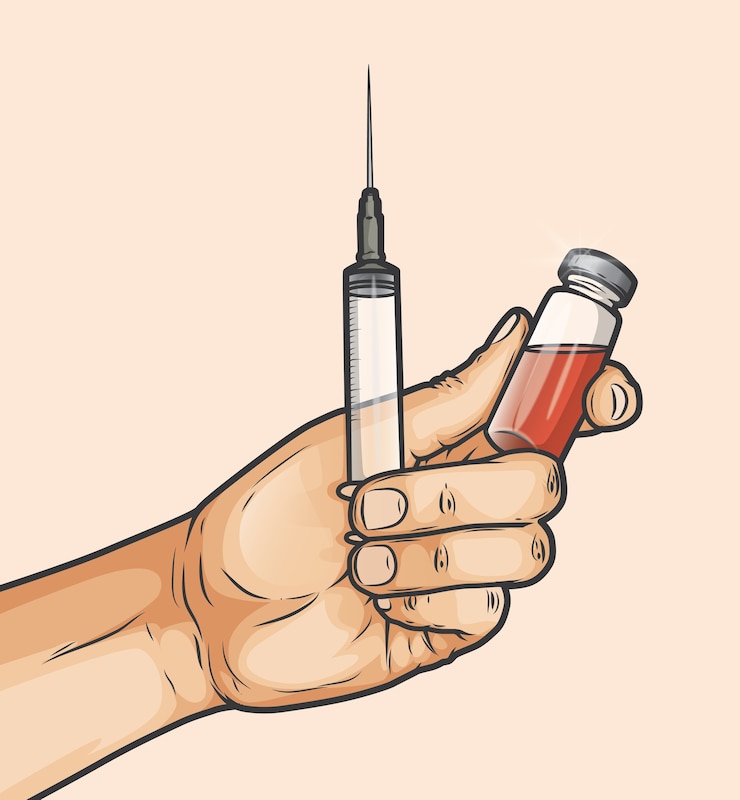 Vecteur mains tenant des seringues et des bouteilles de vaccin