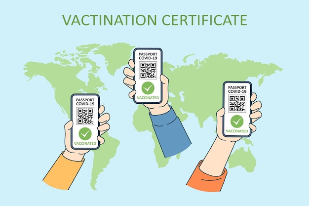 Vecteur mains tenant des smartphones avec le code qr du passeport de santé passeports immunitaires covid19 ou certificats de vaccins à passe verte numérique un problème mondial