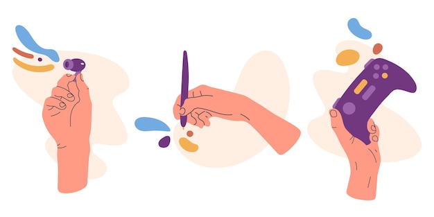 Vecteur mains tenant le stylet du joystick et les écouteurs appareils numériques dans les mains humaines mains tenant le jeu d'illustrations vectorielles plates de geste