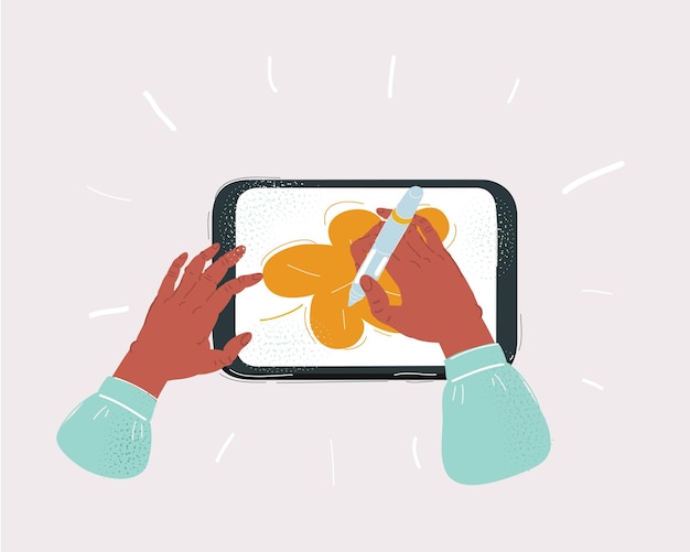 Mains tenant un stylet numérique dessinant sur une tablette
