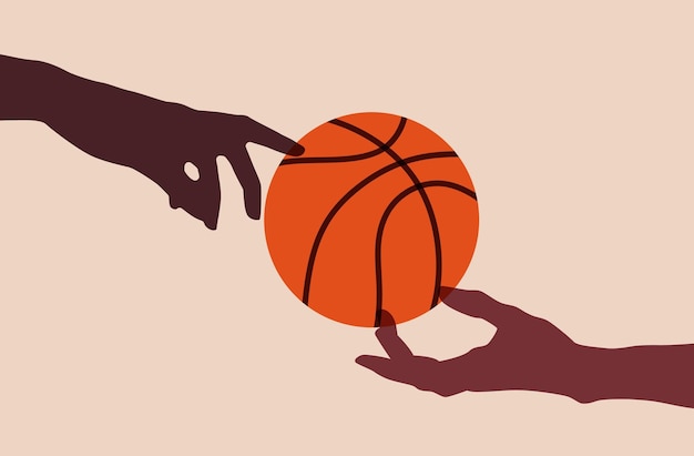 Mains Tendant Vers Une Balle De Basket-ball Objets Plats Colorés Illustration De Dessin Animé Sport Et Jeu D'équipe