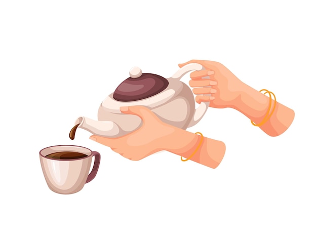 Mains de théière en verre versant du thé dans une tasse