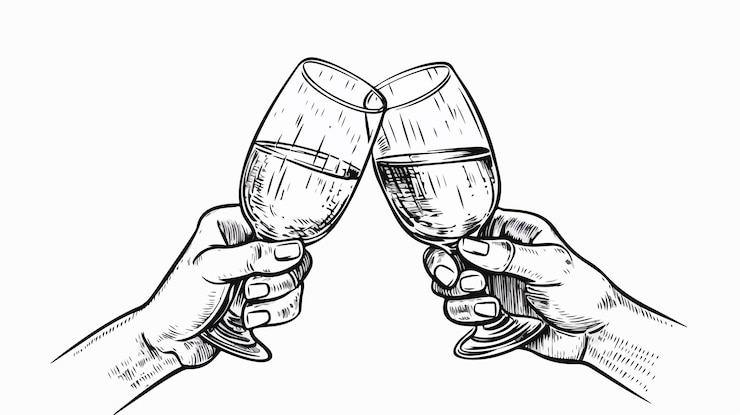 Vecteur les mains tiennent le vin, les verres cliquent, l'art linéaire, l'illustration vectorielle